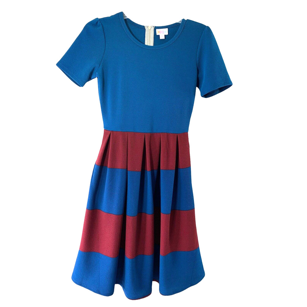 Womens Small Fit & Flare Dress Burgundy Red Blue Short Sleeve Pockets